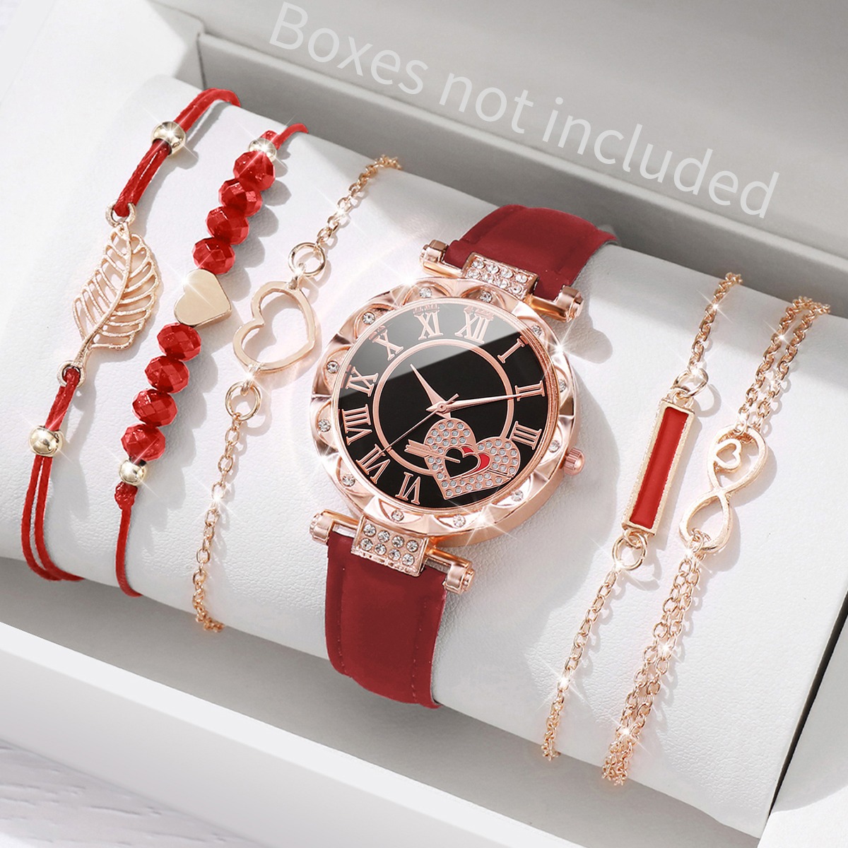 imgi_67_Se99cd675d1d4494cb5eb5232e66299f4S 6PCS/Set Fashion Watch for girls Roma Heart Dial Leather Band Quartz Watches Leaf Bracelets Set( - Image 1