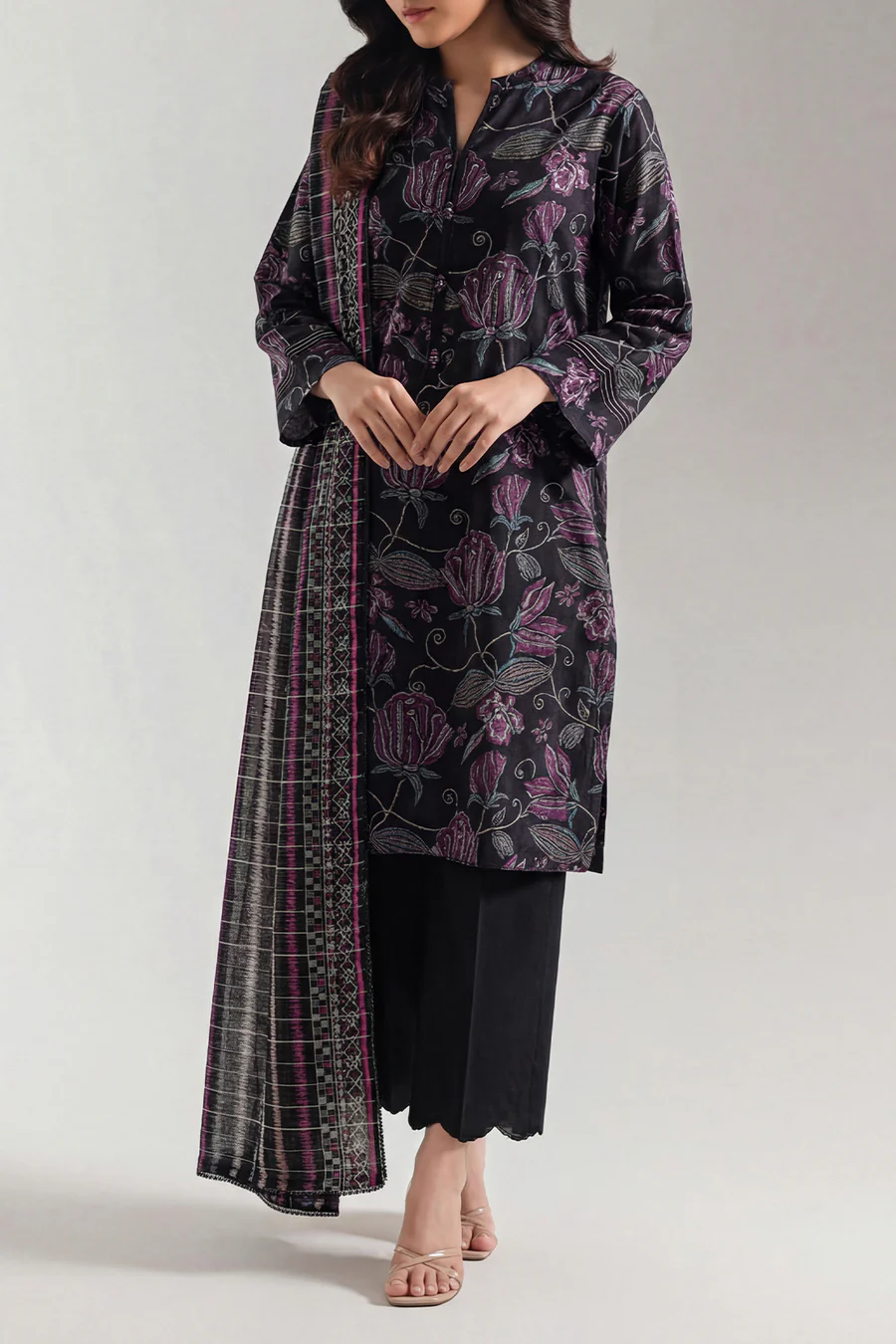 25158-07AR-1thumbnail Unstitched Printed Self-Stripe Lawn 3-Piece Suit - Image 1